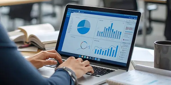グラフや数値を見ながら分析を進めるノートPC